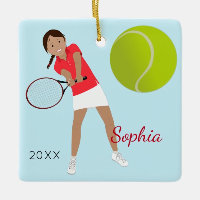 Black Hair Tennis Player Keepsake Ceramic Ornament (Front)