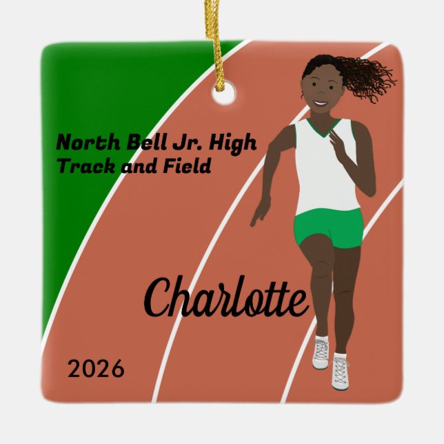 Black Hair Track and Field Girl in Green and White Ceramic Ornament (Front)