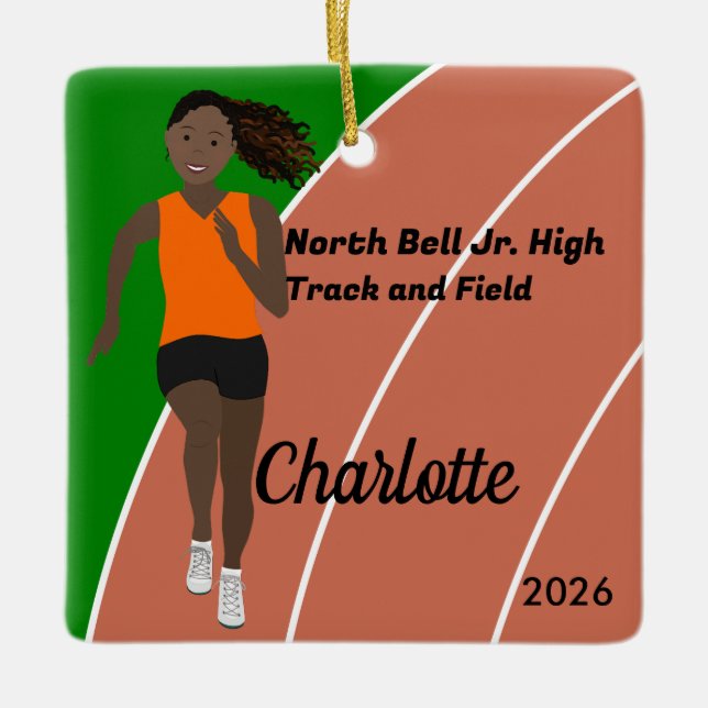 Black Hair Track and Field Girl in Orange Black Ceramic Ornament (Front)