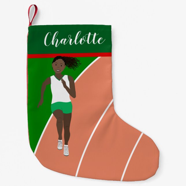 Black Hair Track Girl in Green Small Christmas Stocking (Front)