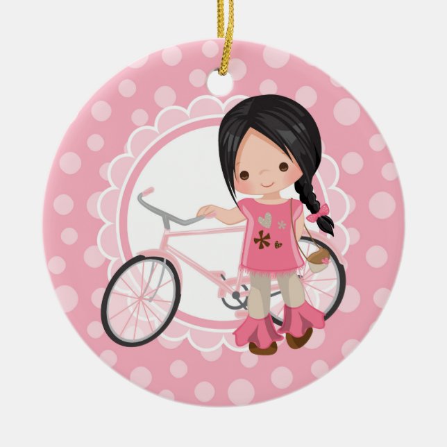 Black Haired Bicycle Girl - Pink White Ceramic Ornament (Front)