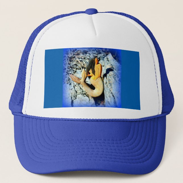 black-haired mermaid blue trucker hat (Front)