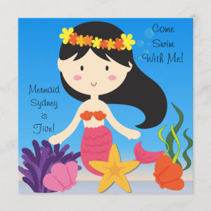Black Haired  Mermaid Custom Birthday Invitation