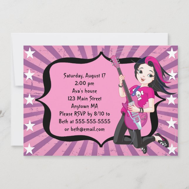 Black Haired Rock Star Girl Birthday Invitation (Front)