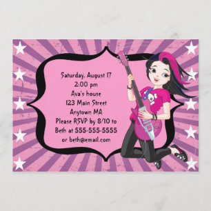 Black Haired Rock Star Girl Birthday Invitation