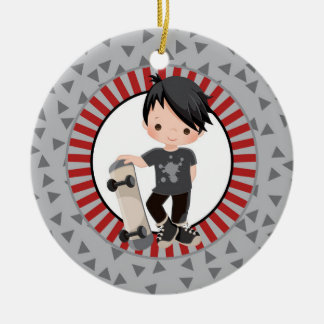 Black Haired Skateboard Boy - Grey Red Ceramic Ornament