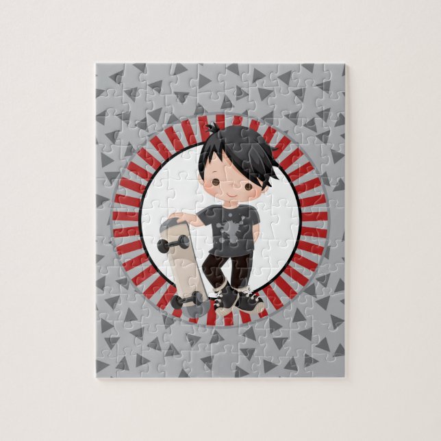 Black Haired Skateboard Boy - Grey Red Jigsaw Puzzle (Vertical)