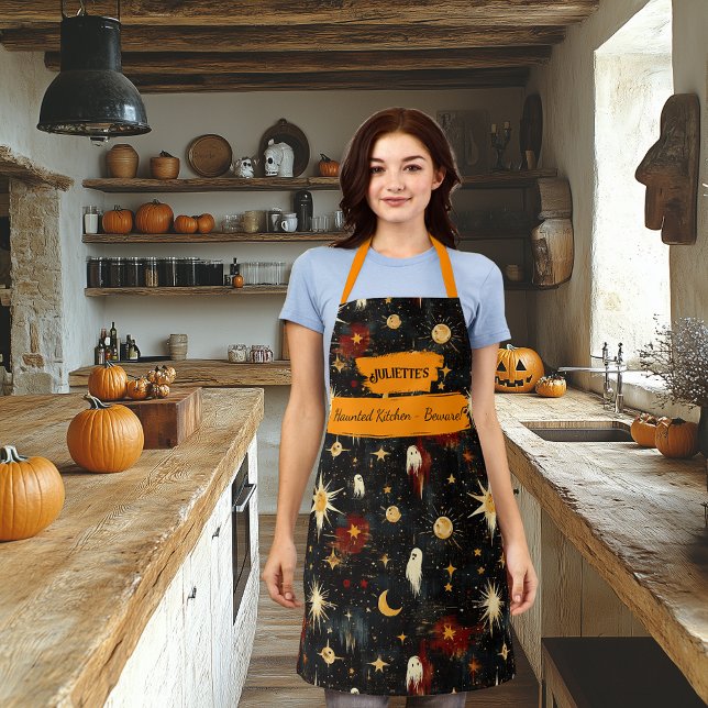 Black Halloween Apron with Ghosts, Stars, Sun Moon (Creator Uploaded)