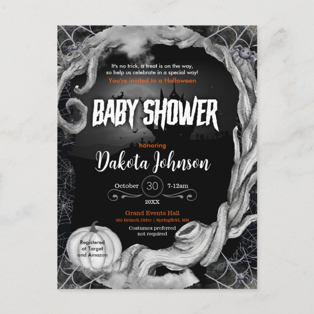 Black Halloween Baby Shower Invitation w/ Registry (Front)