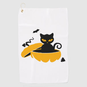 Black Halloween cat and Halloween pumpkin Golf Towel