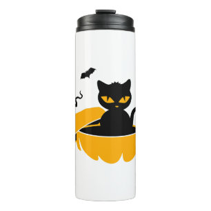 Black Halloween cat and Halloween pumpkin Thermal Tumbler