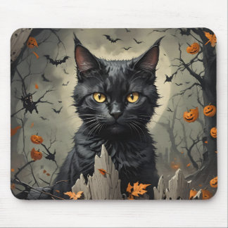 Black Halloween Cat Mouse Pad