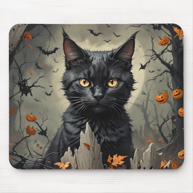 Black Halloween Cat Mouse Pad (Front)