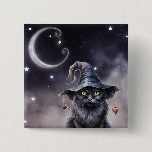 Black Halloween Cat Wearing a Witch Hat  2 Inch Square Button (Front)