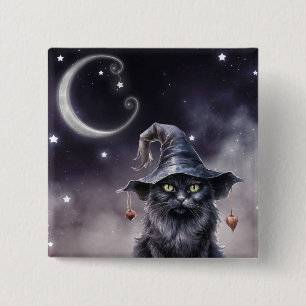 Black Halloween Cat Wearing a Witch Hat  2 Inch Square Button