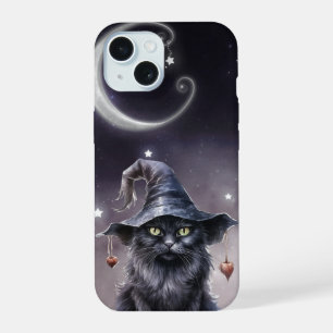 Black Halloween Cat Wearing a Witch Hat iPhone 15 Case