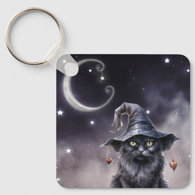 Black Halloween Cat Wearing a Witch Hat Keychain (Front)