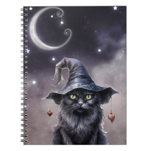 Black Halloween Cat Wearing a Witch Hat Notebook