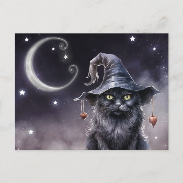 Black Halloween Cat Wearing a Witch Hat Postcard (Front)