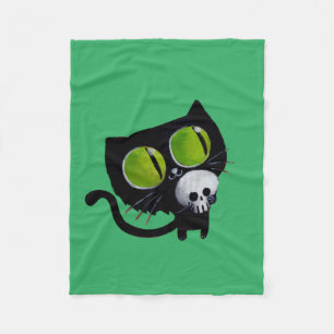 Black Halloween Cat with Skull Fleece Blanket
