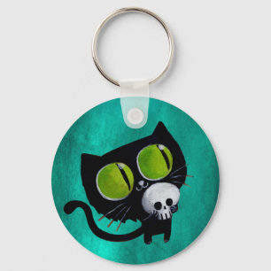 Black Halloween Cat with Skull Keychain