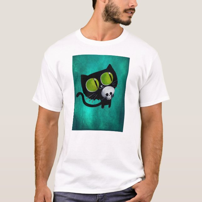 Black Halloween Cat with Skull T-Shirt (Front)