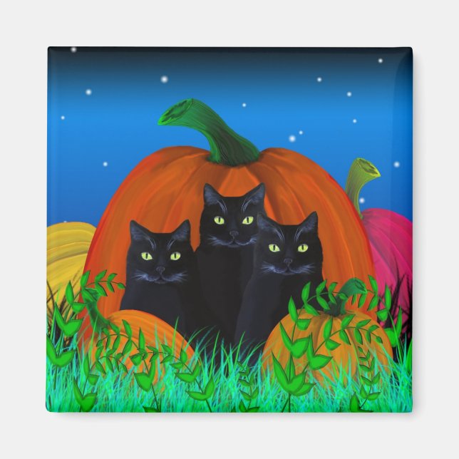 Black Halloween Cats with Pumpkins Magnet (Front)