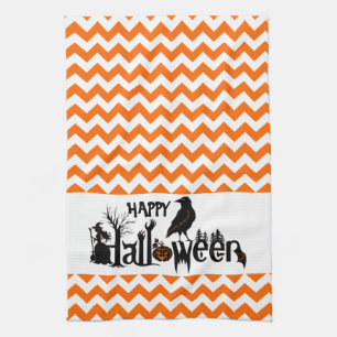 Black Halloween Crow Illustration Orang Chevron Kitchen Towel