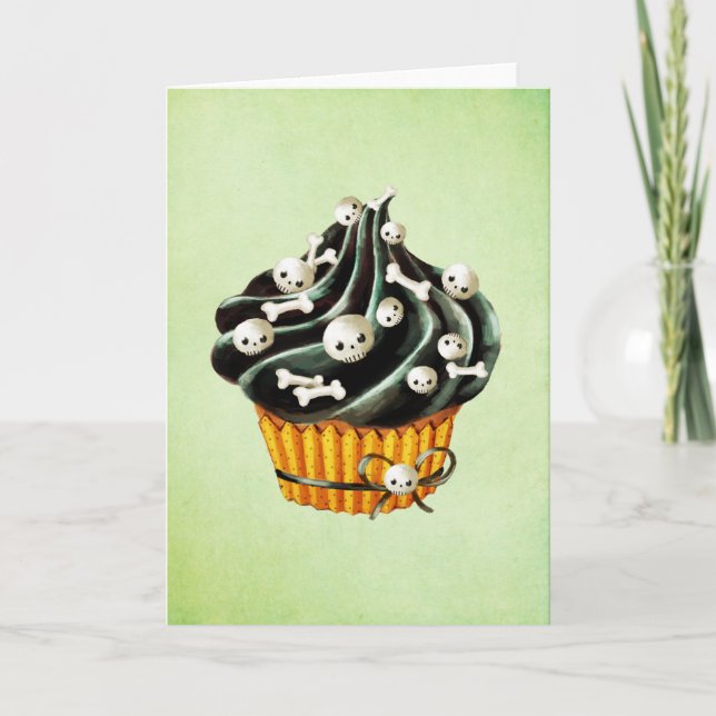 Black Halloween Cupcake with tiny skulls Card (Front)