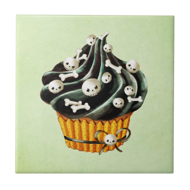 Black Halloween Cupcake with tiny skulls Tile (Front)