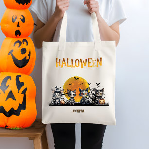 Black Halloween Cute Ghost Kittens Trick or Treat Tote Bag