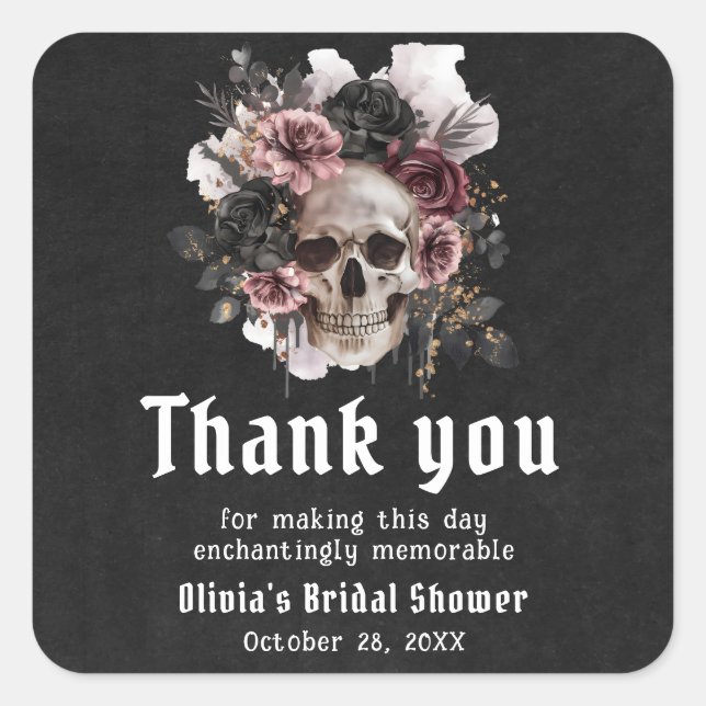 Black Halloween Floral Skull Bridal Shower Square Sticker (Front)