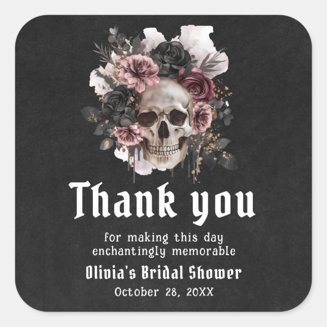 Black Halloween Floral Skull Bridal Shower Square Sticker (Front)