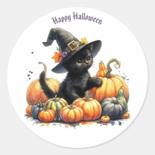 Black Halloween Kitten With Pumpkins & Witch's Hat Classic Round Sticker