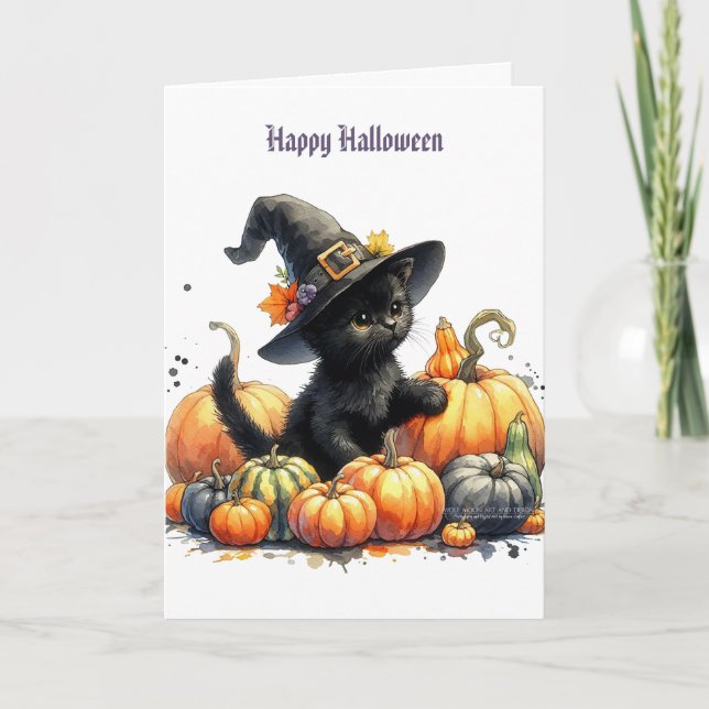 Black Halloween Kitten With Pumpkins & Witch's Hat Holiday Card (Front)