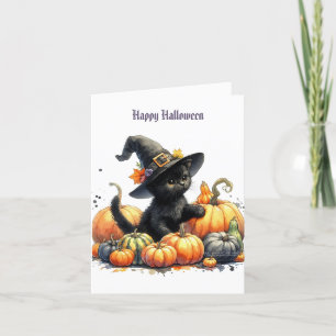 Black Halloween Kitten With Pumpkins & Witch's Hat Holiday Card