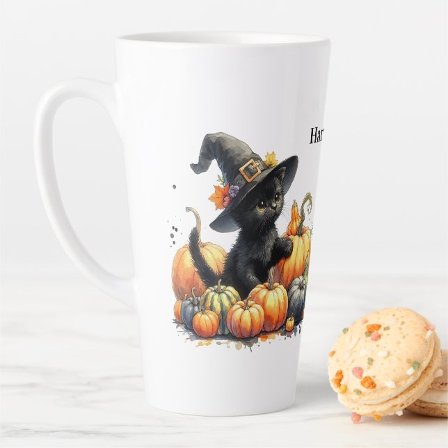 Black Halloween Kitten With Pumpkins & Witch's Hat Latte Mug (In Situ)