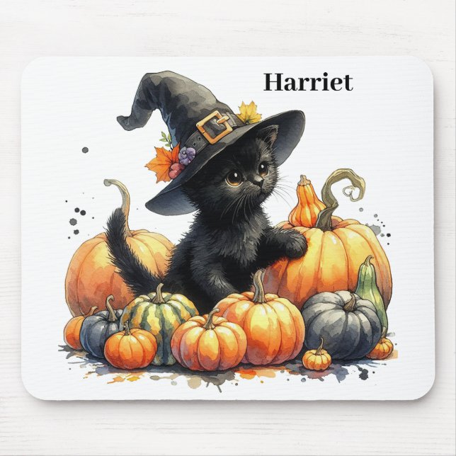 Black Halloween Kitten With Pumpkins & Witch's Hat Mouse Pad (Front)