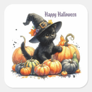 Black Halloween Kitten With Pumpkins & Witch's Hat Square Sticker