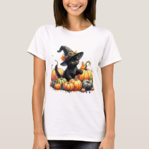 Black Halloween Kitten With Pumpkins & Witch's Hat T-Shirt