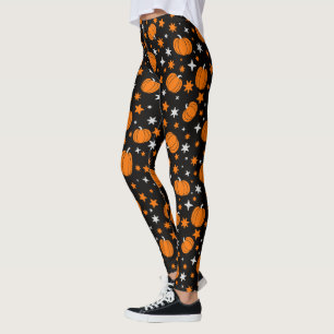 Black Halloween Leggings with Cute Orange Pumpkins