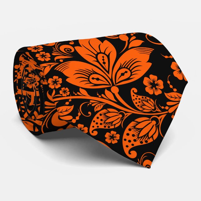 Black & Halloween Orange Floral Pattern Tie (Rolled)