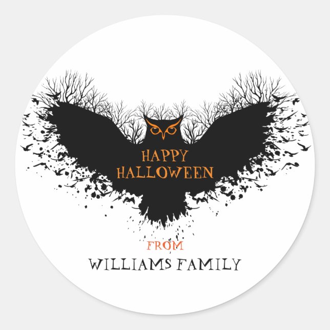 Black Halloween Owl Illustration Classic Round Sticker (Front)