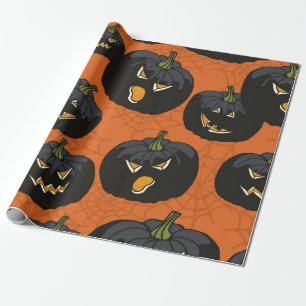 Black Halloween Pumpkins on Orange Wrapping Paper