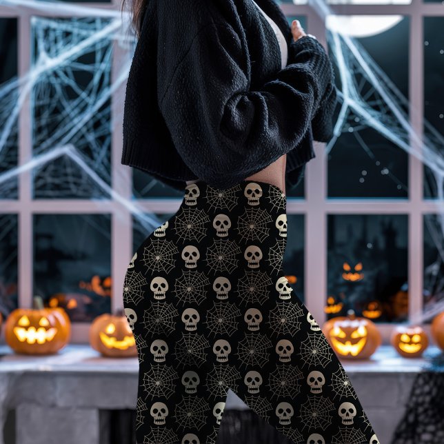 Black Halloween Skull and Spiderweb Pattern Leggings (Creator Uploaded)