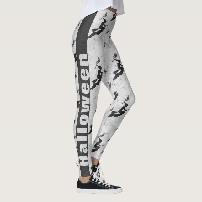 Black Halloween Witches Brooms Black/White Pattern Leggings (Right)
