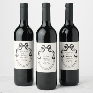 Black Hand Drawn Bow Frame Bridal Shower Wine Label