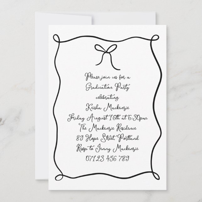 Black Hand Drawn Bow Photo Graduation Party Invitation (Front)