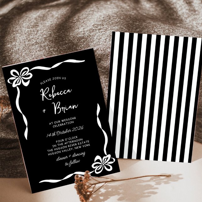 Black Hand Drawn Bow Ribbon Sketch Wedding Invitation (Creator Uploaded)