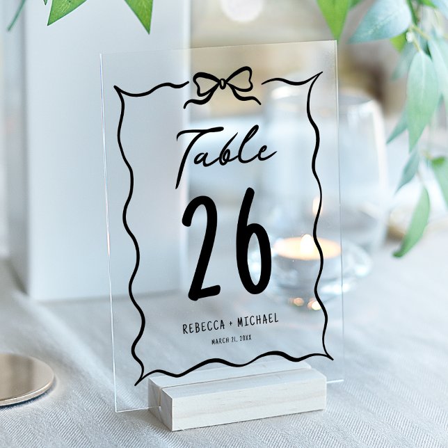 Black Hand Drawn Bow Wedding Acrylic Table Number (Creator Uploaded)